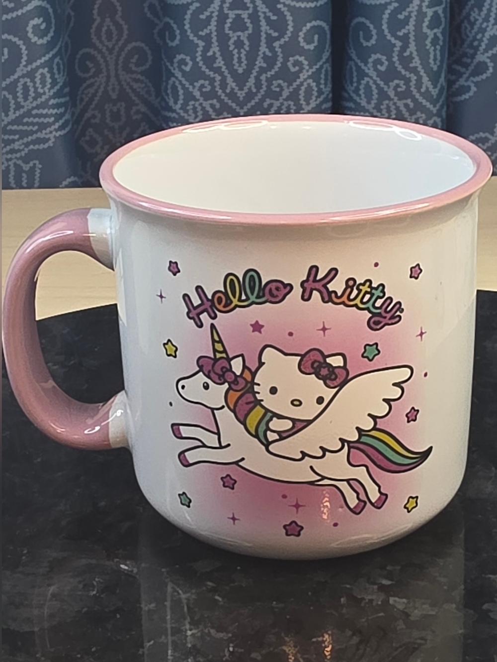 Sanrio Hello Kitty Unicorn Star Pink Rim & Handle Ceramic Mug Holds 20oz NEW
